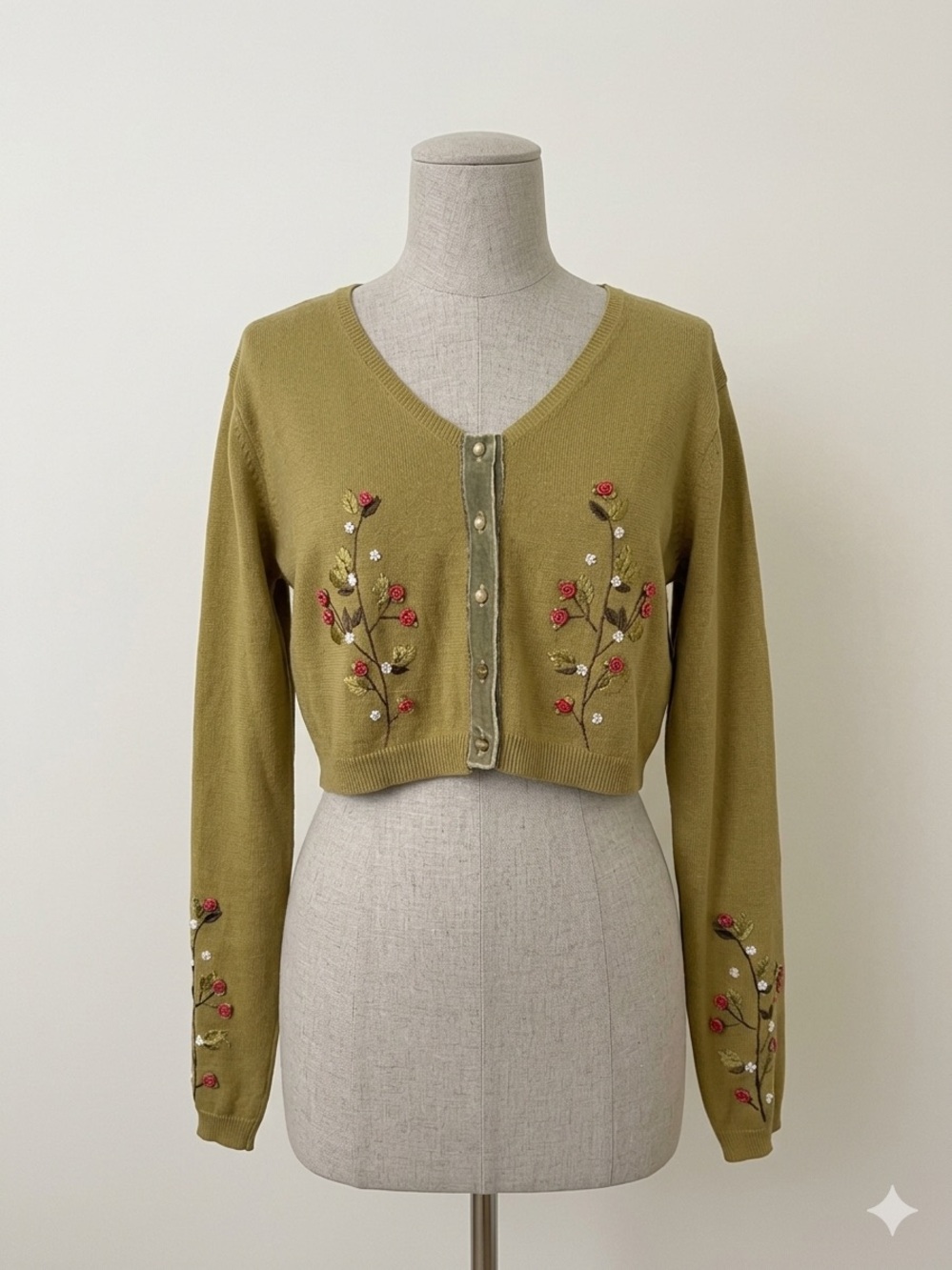 Vintage Y2K Olive Cropped Floral Embroidered Whimsical Cardigan Sweater M